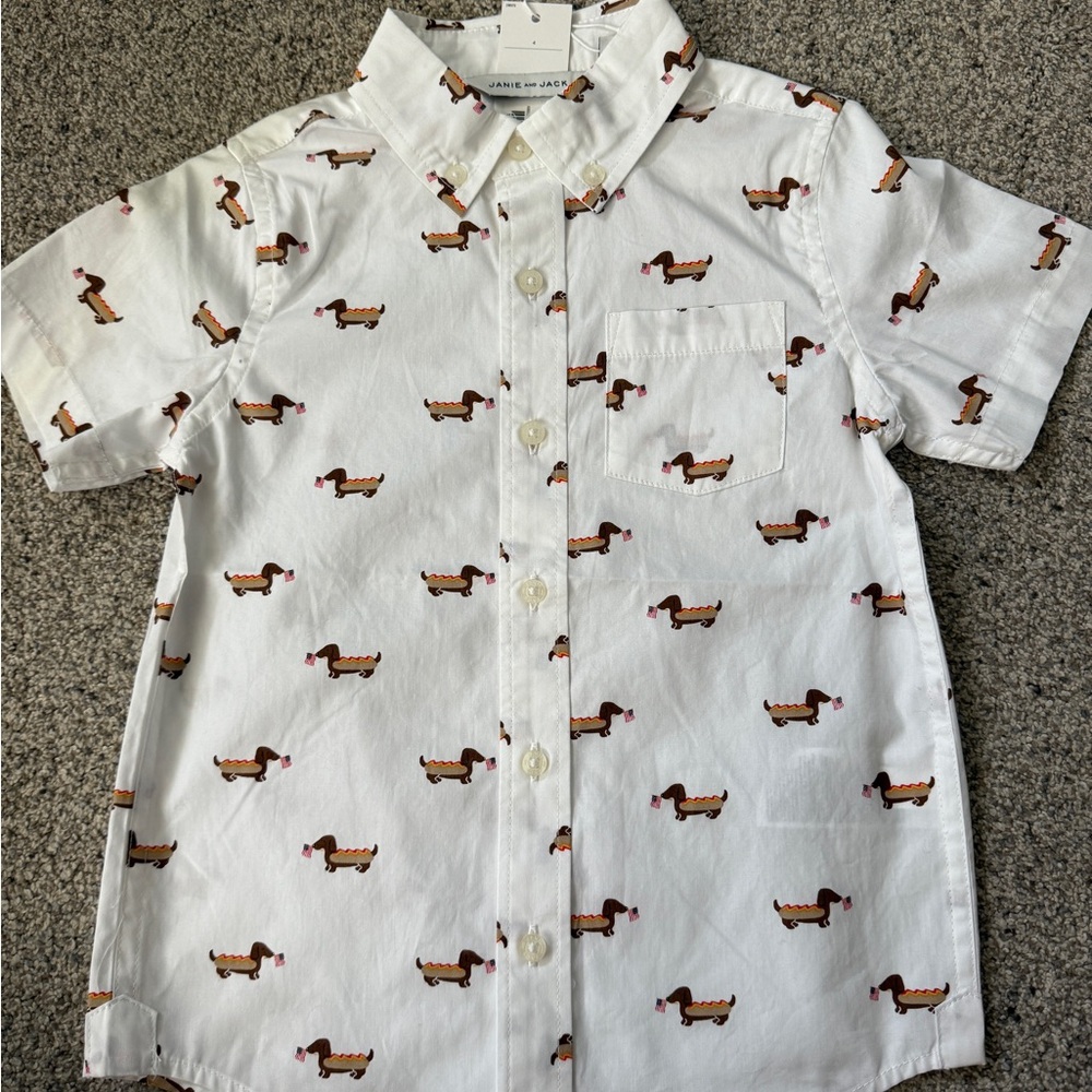 Janie & Jack Boys White Dachshund HoT Dog Print Shirt